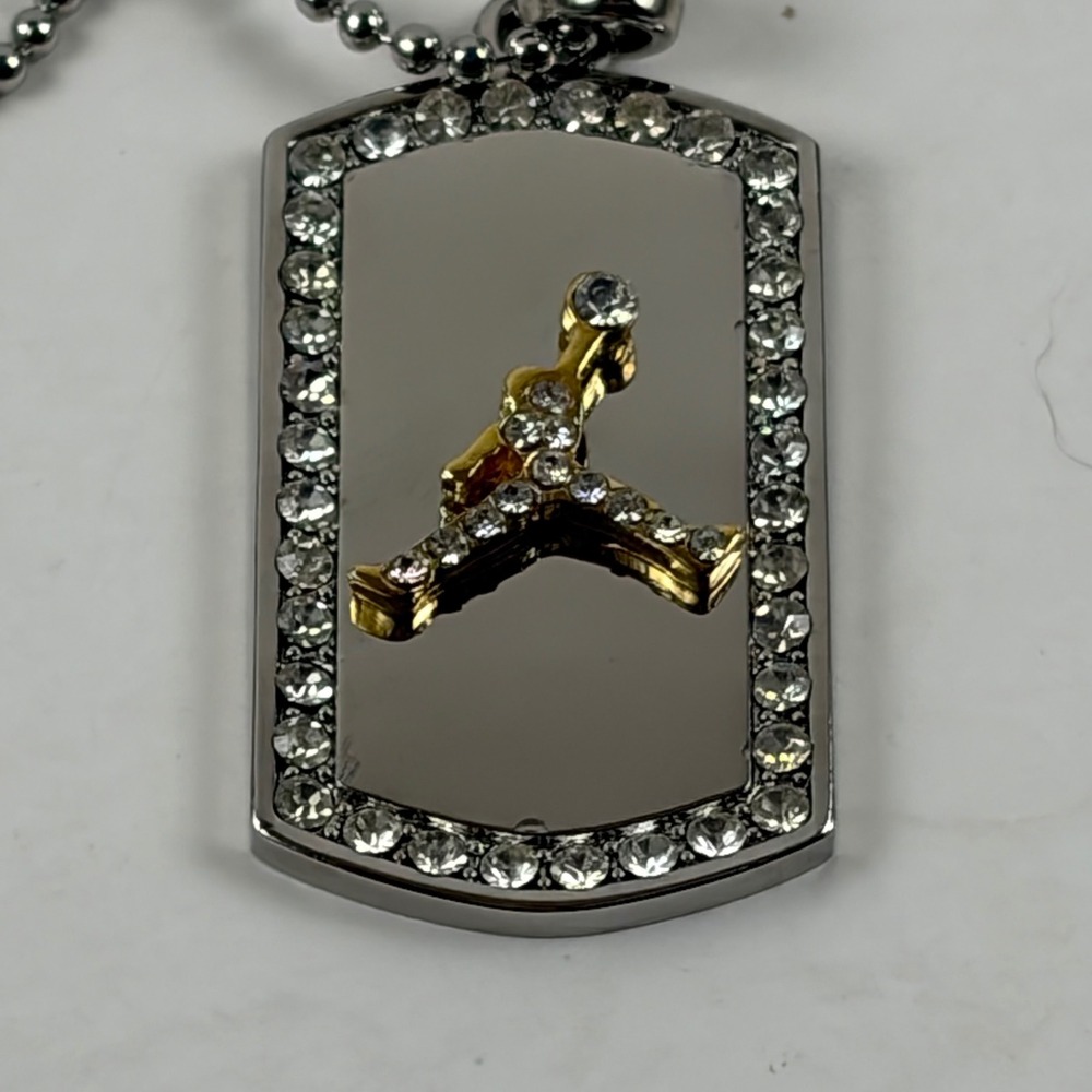 Men's Streetwear JumpMan Dog Tag Necklace Silver Gold Crystal Basketball Bling
